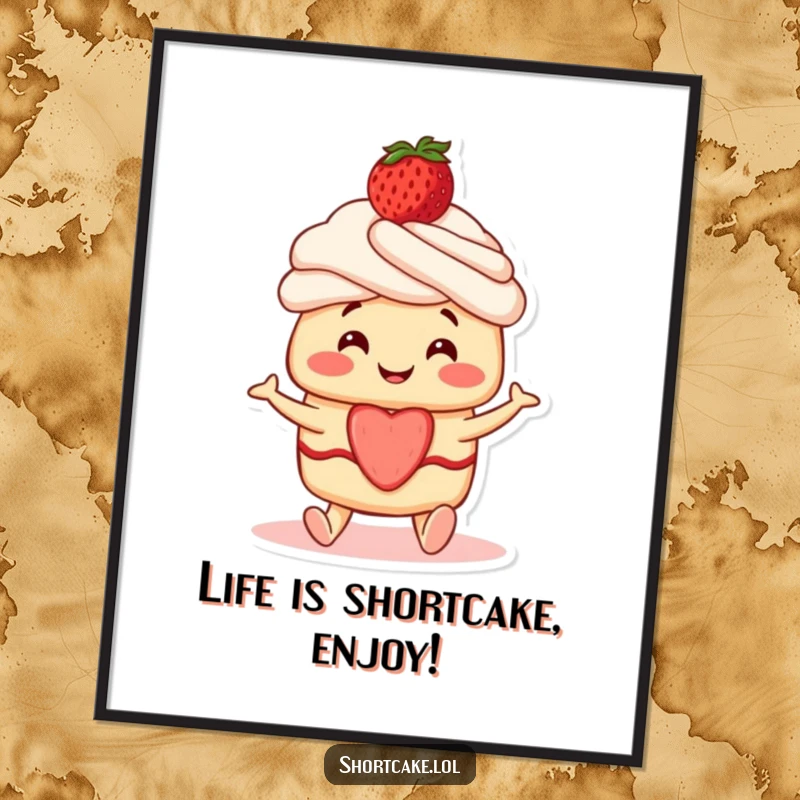 Funny Free Printable Wall Art: A smiling shortcake character with a strawberry on top wiggling its feet happily.