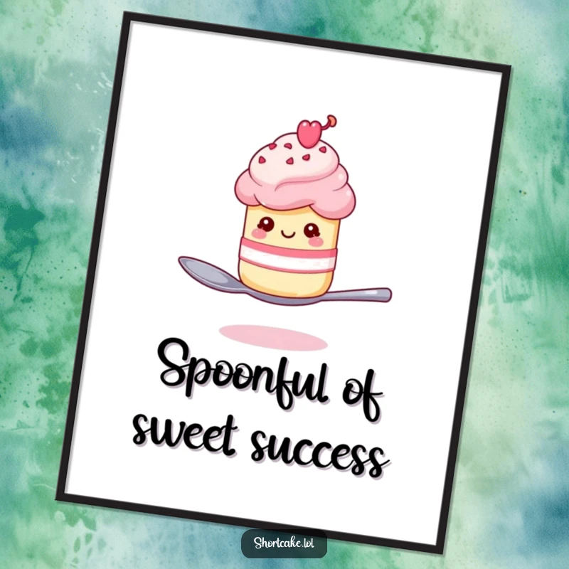Funny free printable wall art of a shortcake winking while balancing on a spoon, adding quirky charm.