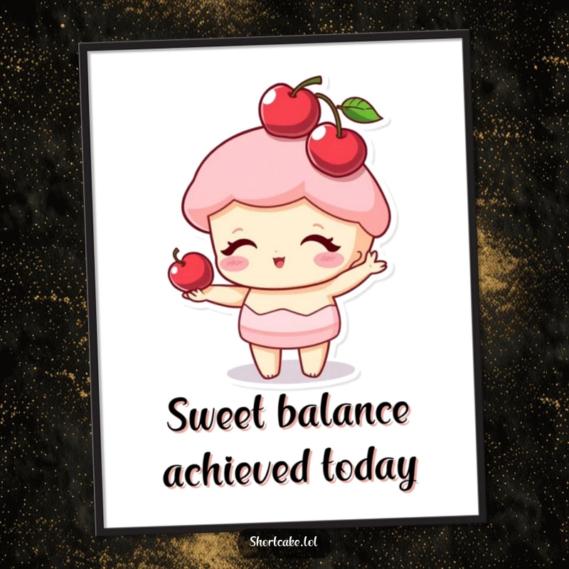 Funny Free Printable shortcake slice character balancing a red cherry on its point like a hat, whimsical art.
