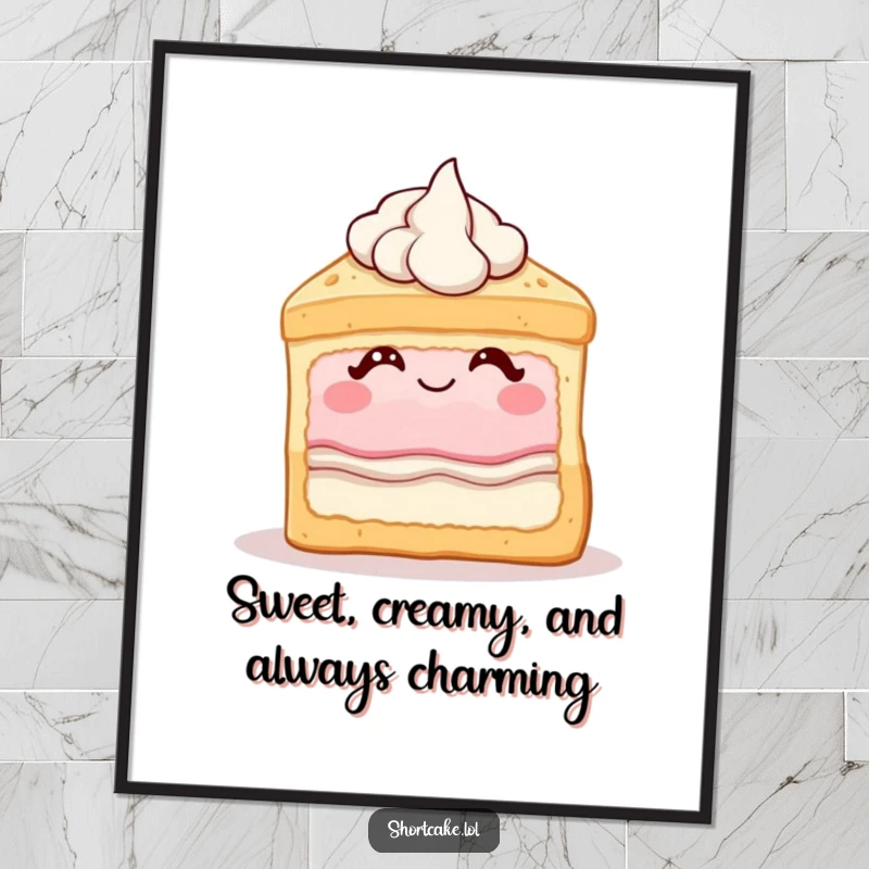 Funny Free Printable Wall Art: A close-up of a shortcake slice giving a cheeky wink, with a dollop of cream, perfect for a fun vibe.