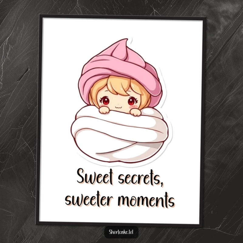 Funny Free Printable Wall Art: Cute shortcake character peeking playfully from behind a large meringue swirl, adding humor.