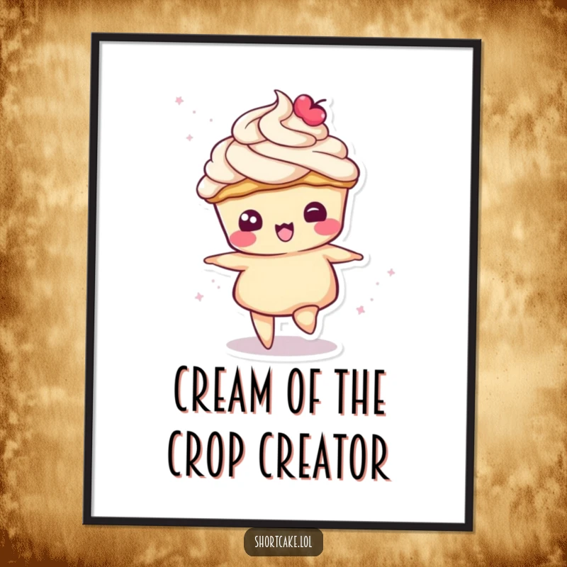 Funny Free Printable Wall Art: A shortcake slice character is captured mid-spin, cream swirling playfully, radiating pure joy.