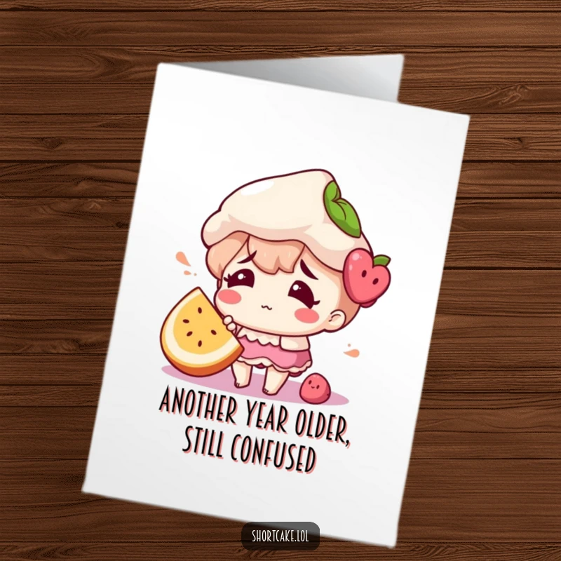 Funny Free Printable Birthday Card: A shortcake character looks utterly confused, a fruit slice precariously misplaced, for a humorous birthday wish.