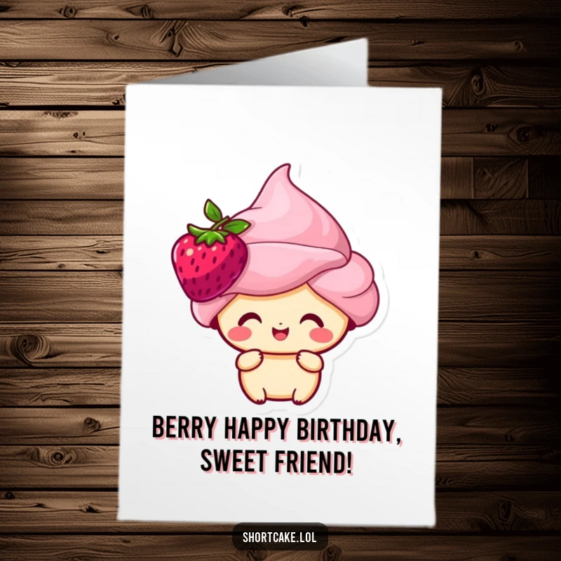 Funny free printable birthday card of a happy shortcake character with a berry perfectly perched on its head.