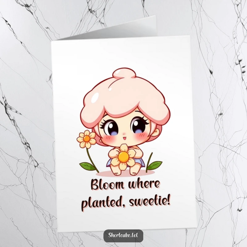 Funny Free Printable Birthday Card: A shortcake slice character gazes with wide, delighted eyes at a beautiful flower, celebrating joy.