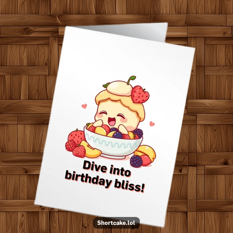 Funny Free Printable Birthday Card: Shortcake joyfully dives headfirst into a bowl brimming with colorful fruit.