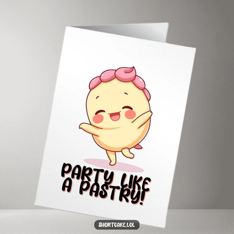 Funny Free Printable Birthday Card: a giggling shortcake does a cartwheel, its layers comically out of place.