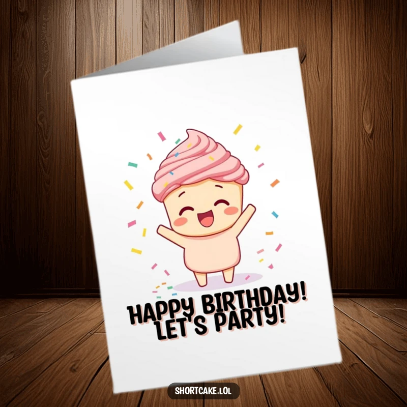 Funny free printable birthday card of a shortcake excitedly tossing a festive shower of confetti.