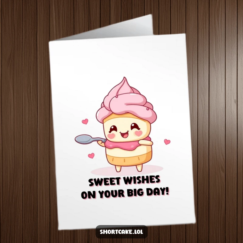 Funny Free Printable Birthday Card featuring a joyful shortcake with hearts for eyes twirling a spoon, ready to celebrate.