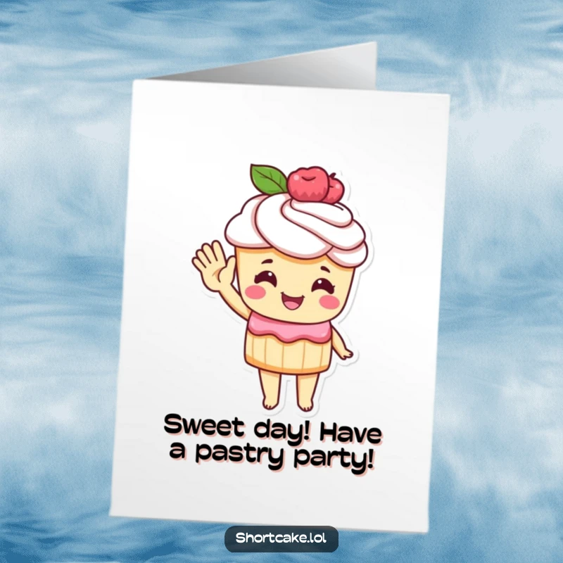 Funny Free Printable Birthday Card: Shortcake character cheerfully waving with a pastry hand, bringing joy and humor.