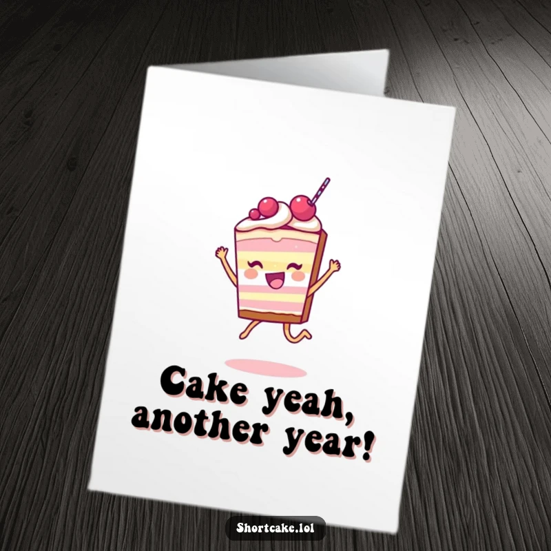 Funny Free Printable Birthday Card: A cheerful shortcake slice character leaps with joy, ready to celebrate your special day.