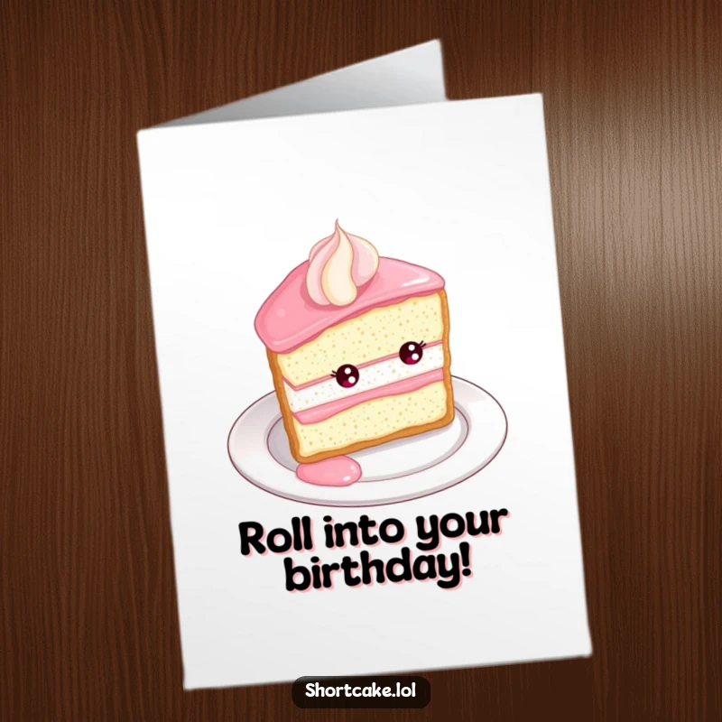 Funny Free Printable Birthday Card showing a happy shortcake slice rolling joyfully down the edge of a plate