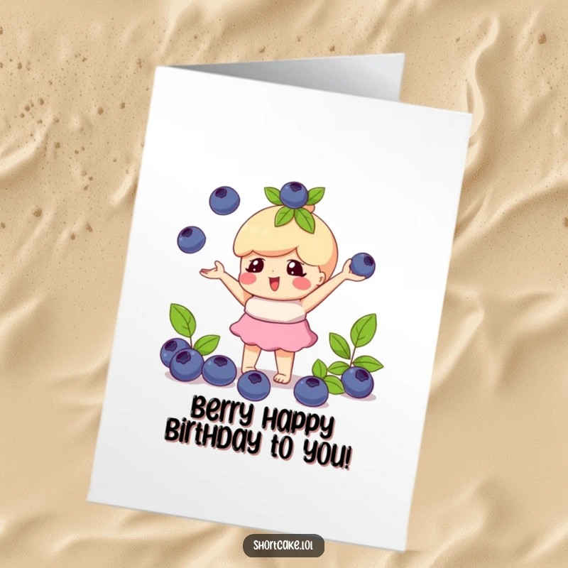 Funny Free Printable Birthday Card: a shortcake character playfully juggles three small, round blueberries.