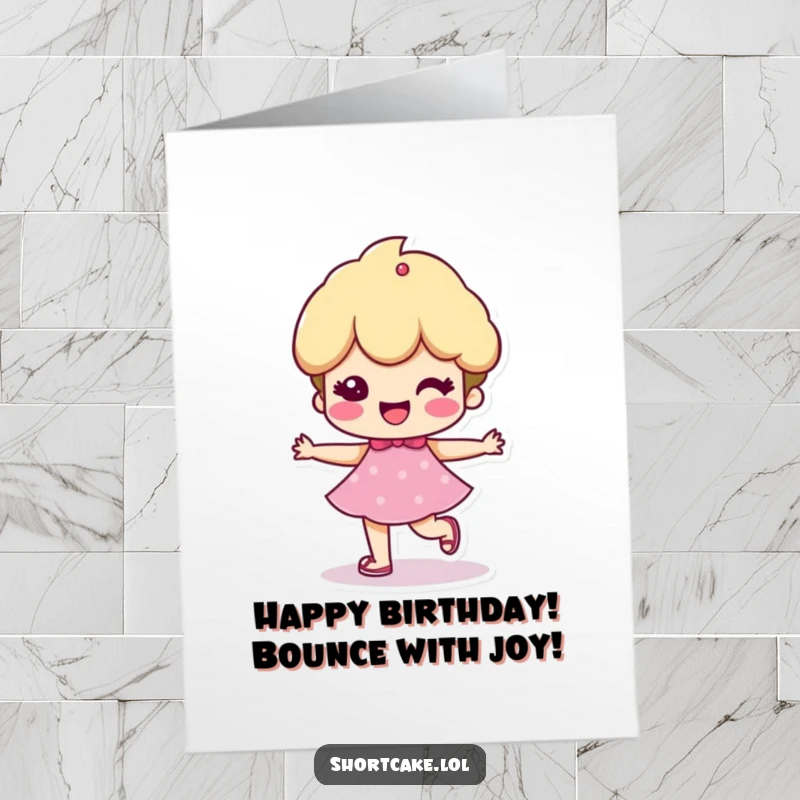 Funny Free Printable Birthday Card: Energetic shortcake character with a cheerful, bouncy step, radiating pure birthday joy.