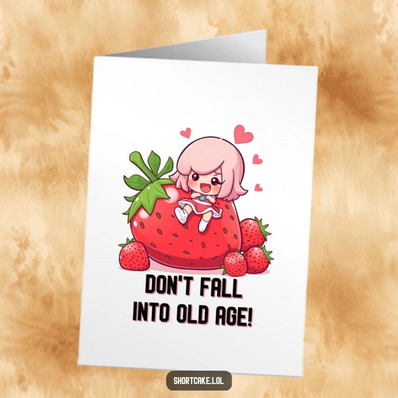 Funny Free Printable Birthday Card: Shortcake character comically slipping on a giant strawberry, a downloadable moment of slapstick.
