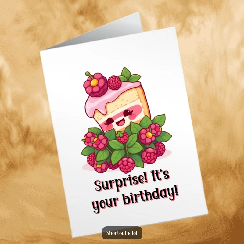 Funny Free Printable Birthday Card featuring a shortcake slice with a surprised expression popping out of a berry bush