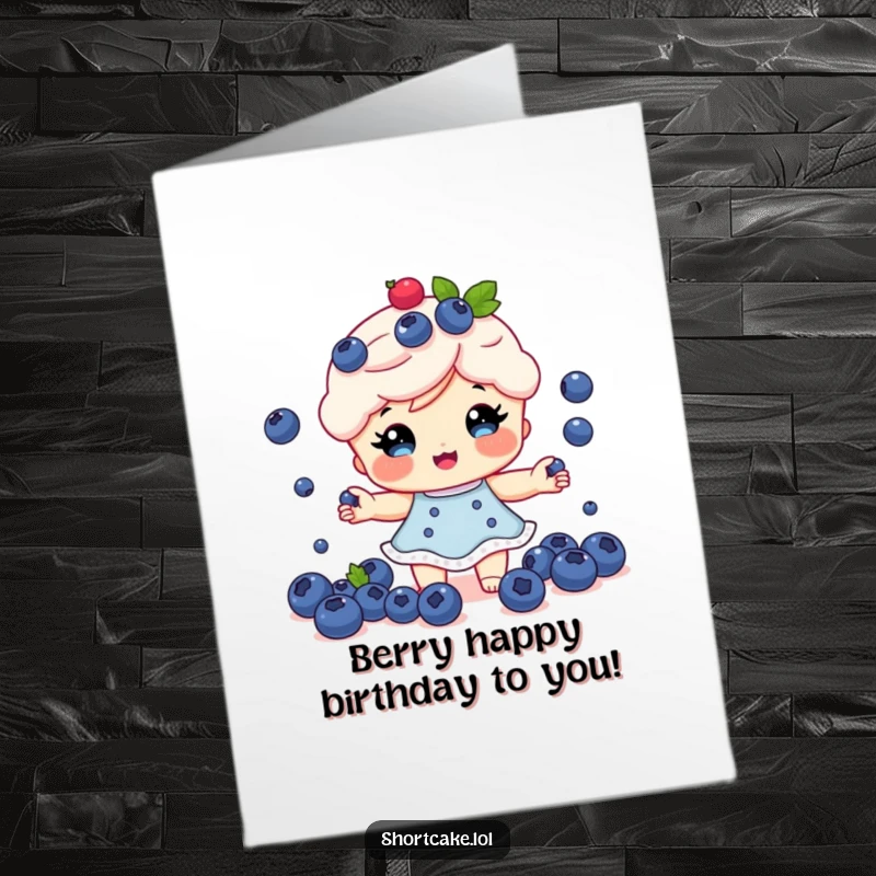 Funny Free Printable Birthday Card: A smiling shortcake character skillfully juggling tiny blueberries in the air.