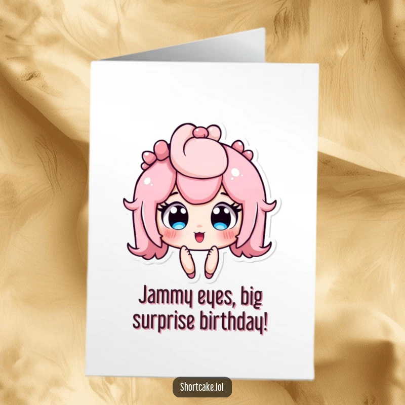 Funny Free Printable Birthday Card featuring a shortcake character looking utterly surprised with wide, jammy eyes.