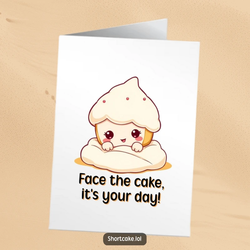 Funny Free Printable Birthday Card: Kawaii shortcake character peeking from cream, making a comically exaggerated funny face.