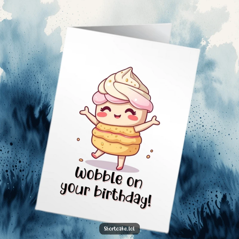 Funny Free Printable Birthday Card: Cute shortcake character doing a hilarious, unstable wobbling dance, layers threatening to crumble.
