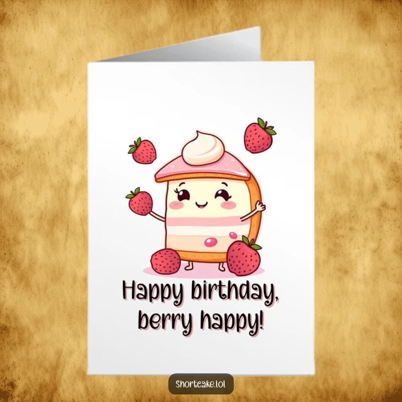 Funny Free Printable Birthday Card: A cheerful shortcake slice smiles widely while expertly juggling three plump berries.