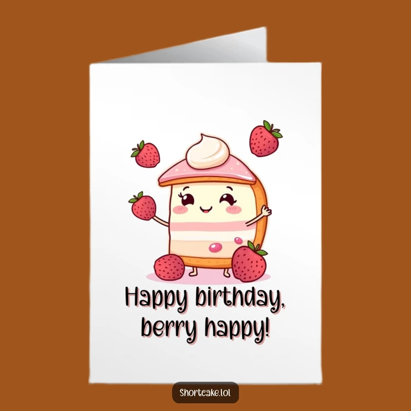 Free Printable Birthday Card: Smiling Shortcake Juggling Berries Downloadable Gift