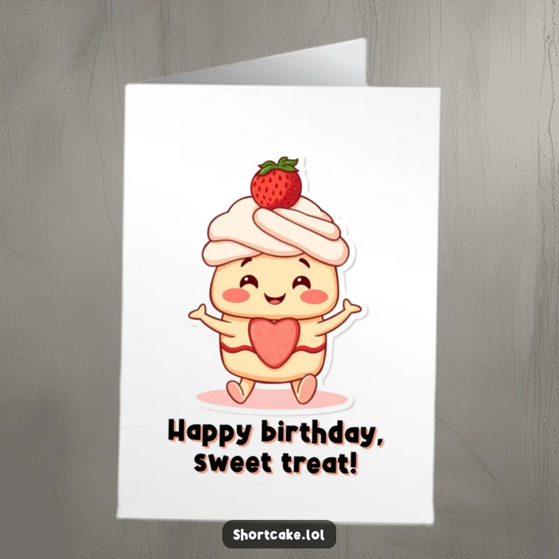 Funny Free Printable Birthday Card: Smiling shortcake character with a strawberry on top wiggling its feet happily.
