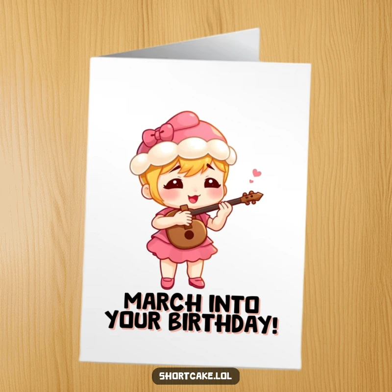 Funny Free Printable shortcake slice character enthusiastically playing a tiny fife with great gusto and lively spirit.