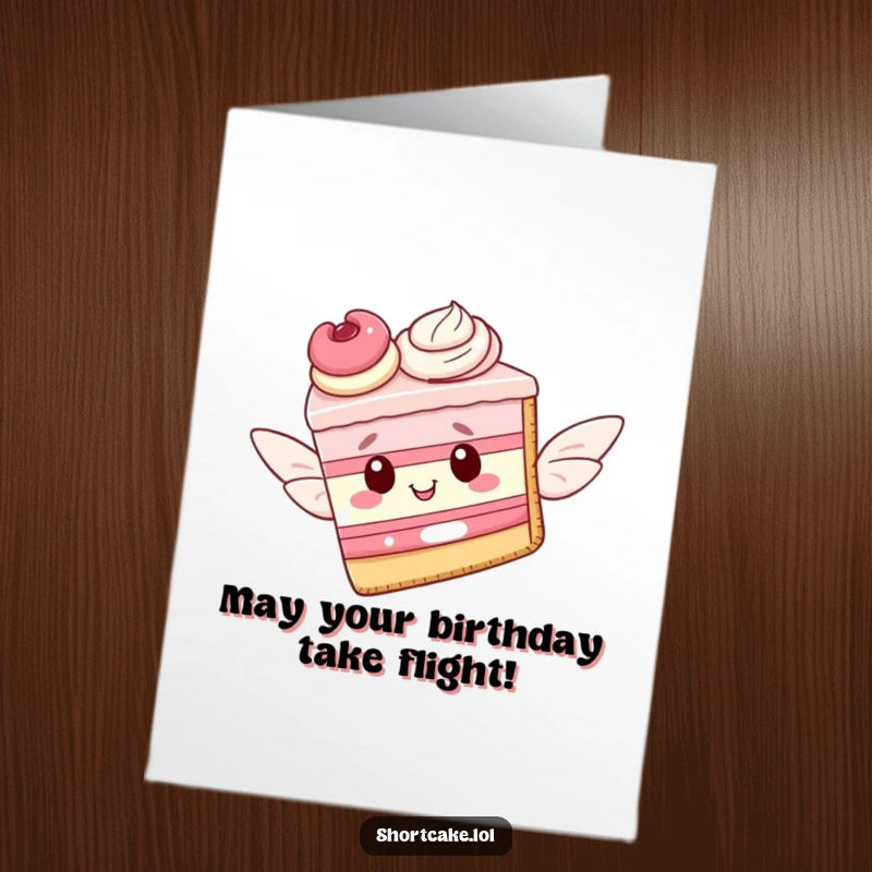 Funny free printable birthday card; a shortcake slice attempts to fly with delicate pastry wings, a whimsical airborne dessert.