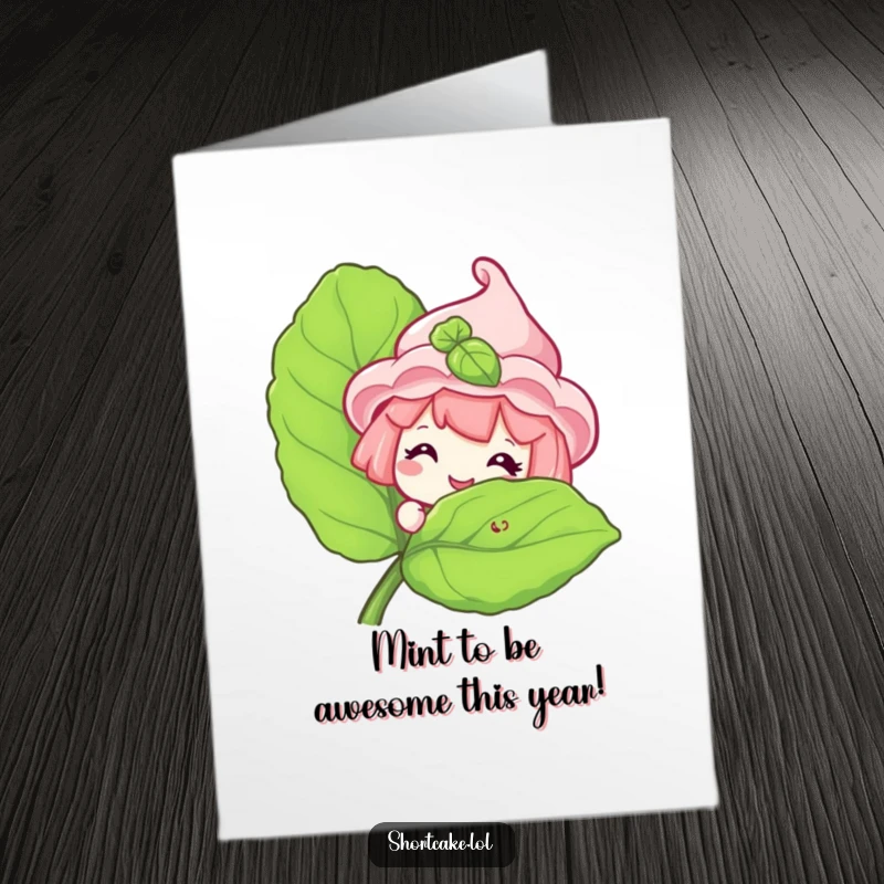 Funny Free Printable Birthday Card: Shortcake character peeking from behind a mint leaf with a mischievous grin, perfect for birthdays.