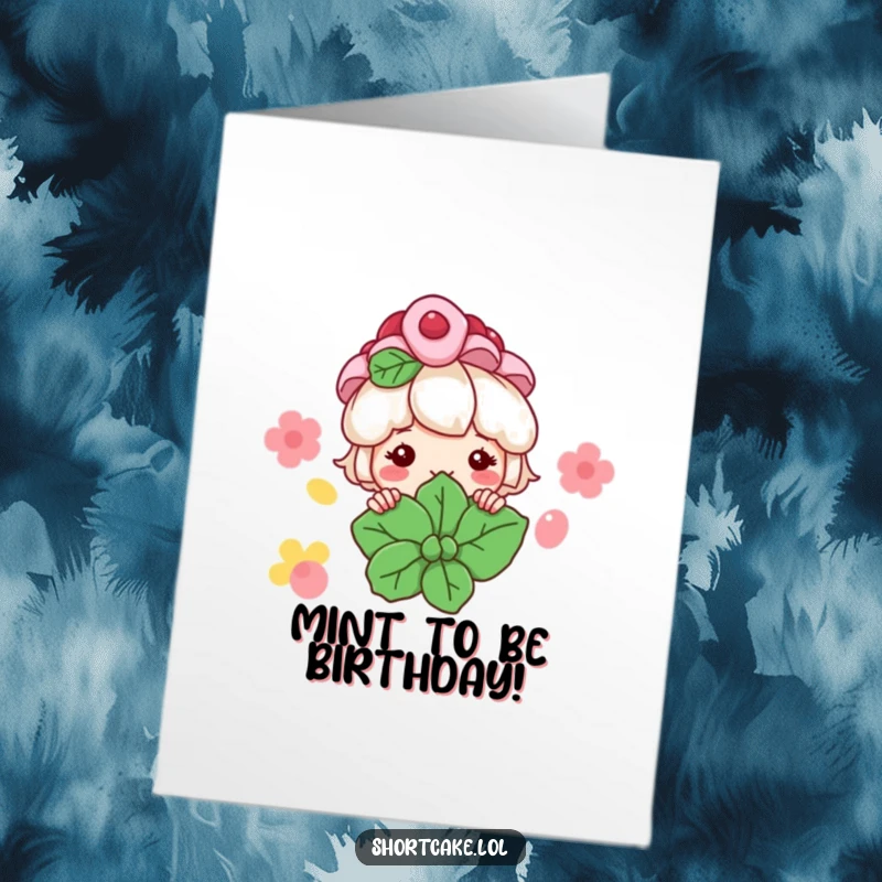 Funny Free Printable Birthday Card: Shortcake Character Peeking from Mint Leaf with a Grin, DIY Gift.