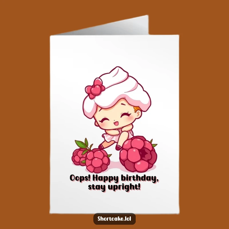 Free Printable Birthday Card: Shortcake Tripping Raspberry, Hilarious Downloadable Oops Gift