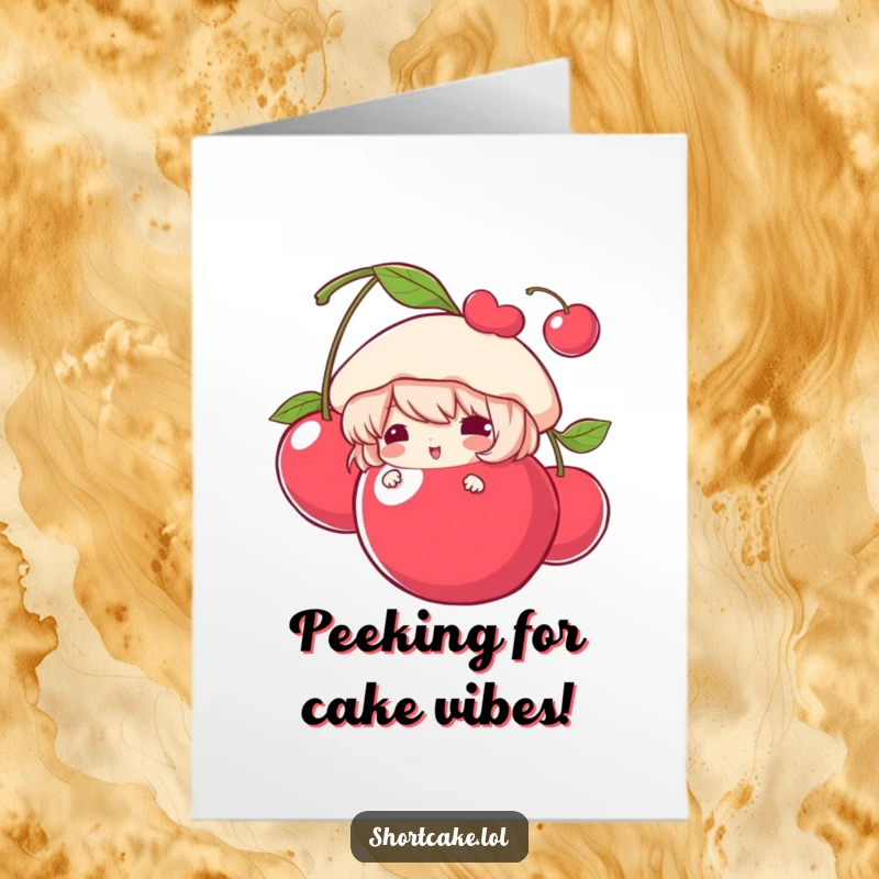 Funny Free Printable Birthday Card: Shortcake character playfully peeking from behind a giant cherry, adding a sweet surprise.