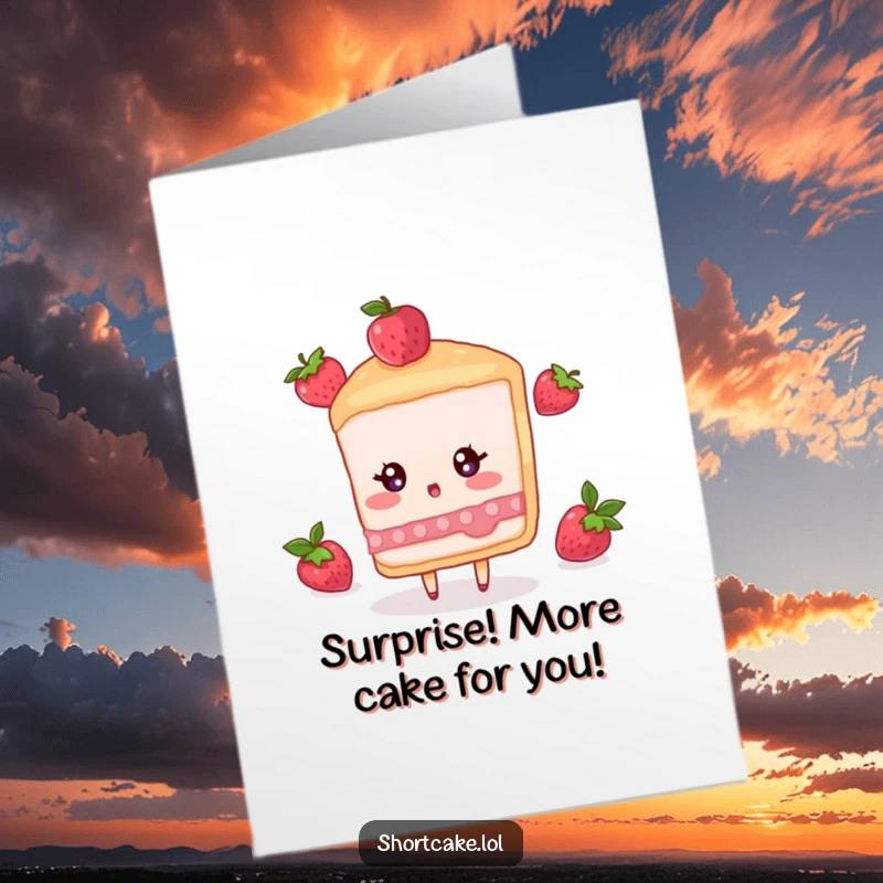 Funny Free Printable Birthday Card: A shortcake slice character looks shocked as a single berry plummets towards its creamy top.