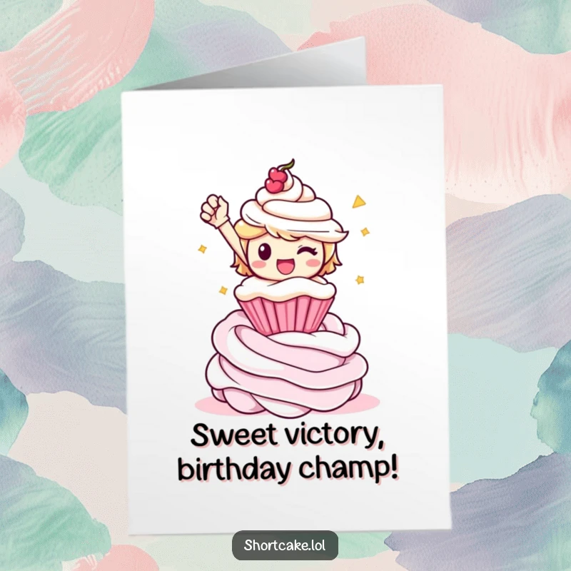 Funny Free Printable Birthday Card: Shortcake Character strikes a triumphant pose atop a luscious whipped cream swirl, ready to party.