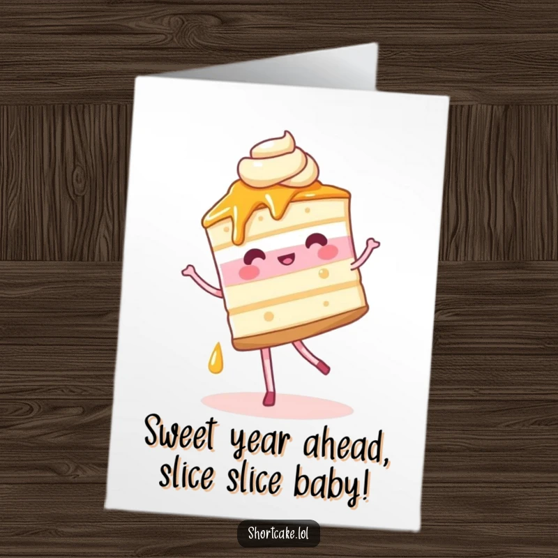 Funny Free Printable Birthday Card featuring a shortcake slice doing a happy pirouette, syrup trailing, a truly sweet and hilarious celebration design.