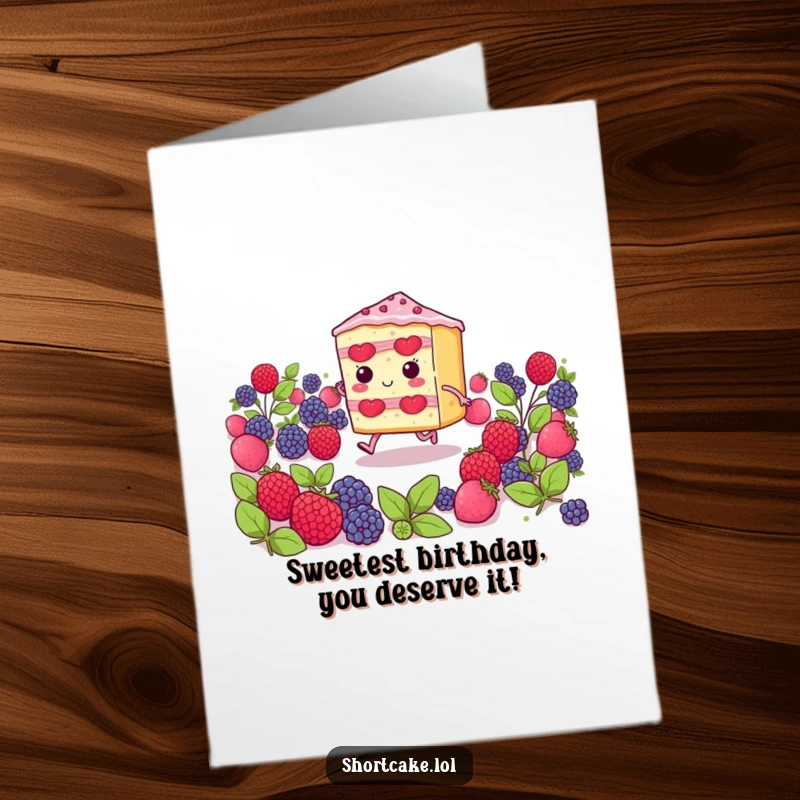 Funny Free Printable shortcake slice character with tiny legs skipping joyfully through a field of ripe red berries.