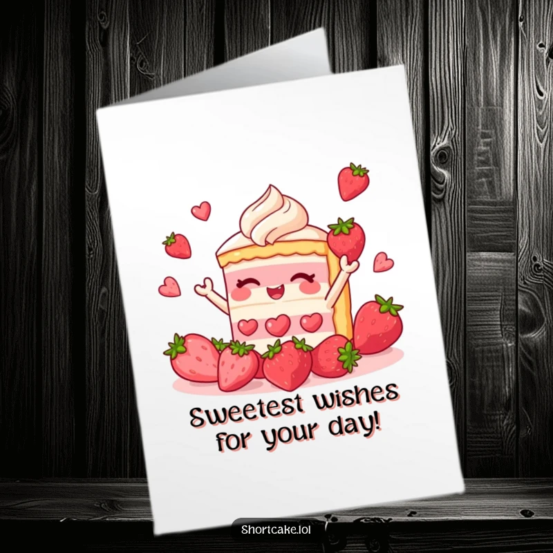 Funny Free Printable Birthday Card: A cheerful slice of shortcake comically juggling several bright red strawberries in the air.