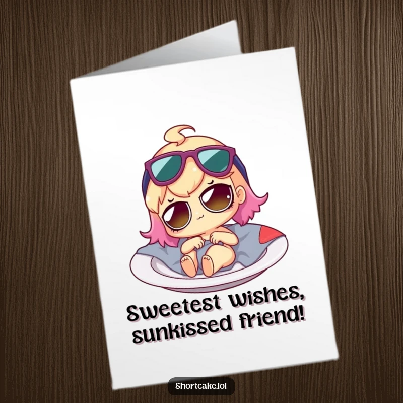 Funny Free Printable Birthday Card: Shortcake in sunglasses lounging on a plate, radiating cool vibes.