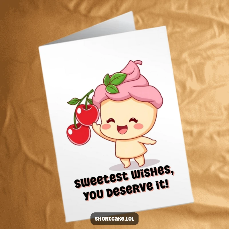 Funny Free Printable Birthday Card featuring a cheerful shortcake character joyfully reaching for a bright red cherry topper.