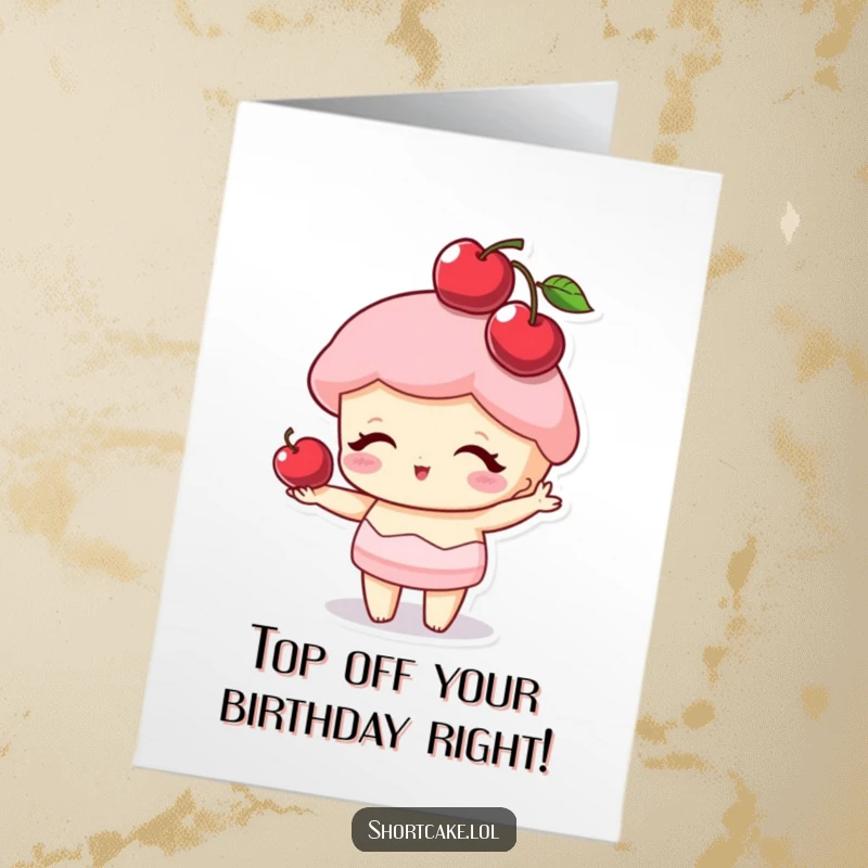 Funny Free Printable shortcake slice character balancing a bright red cherry perfectly on its top point like a stylish hat.