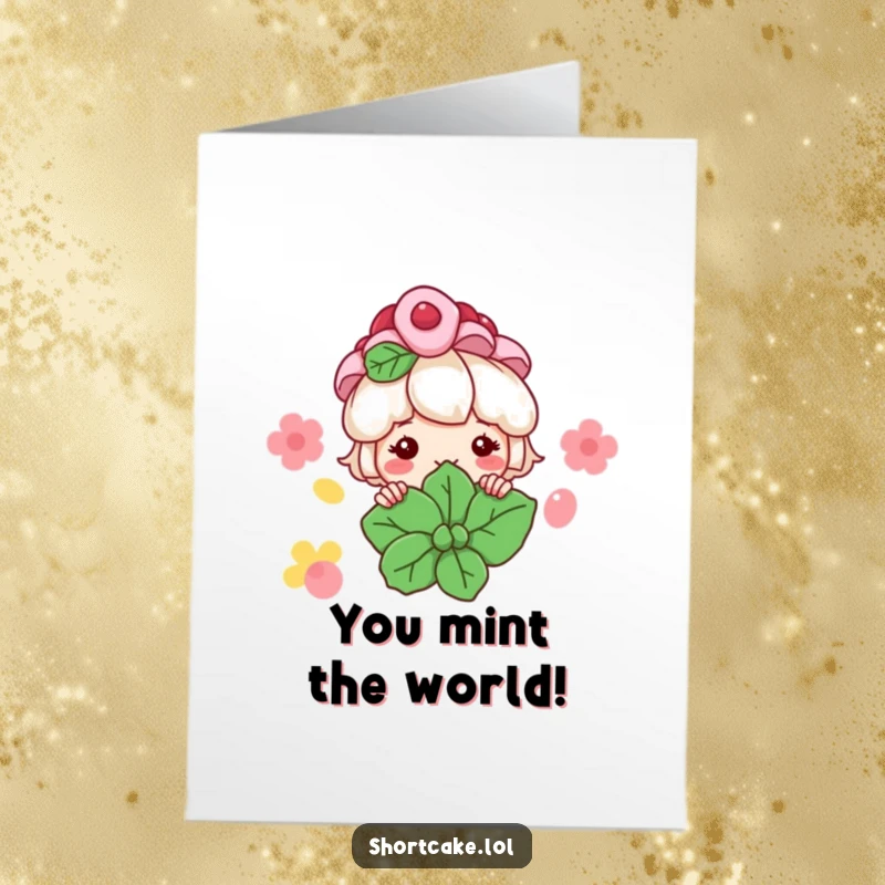 Funny Free Printable Congrats Card: Shortcake Character Peeking from Mint Leaf with a Grin, Downloadable.