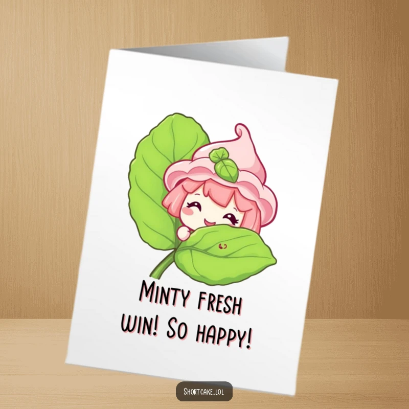 Funny Free Printable Congrats Card: Grinning shortcake peeking from behind a mint leaf, a sweet way to share joy.