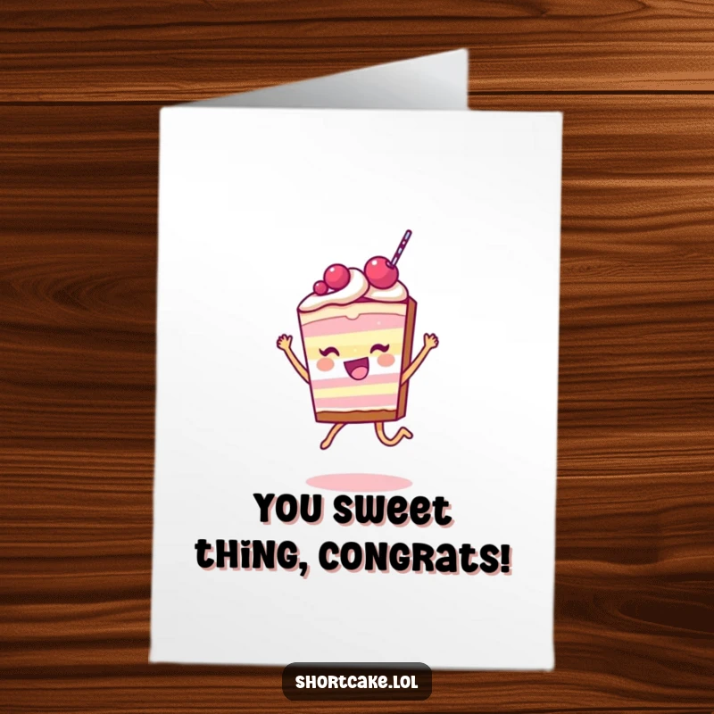 Funny Free Printable Congratulations Card: A shortcake slice character performs a celebratory leap, radiating pure delight and good cheer.