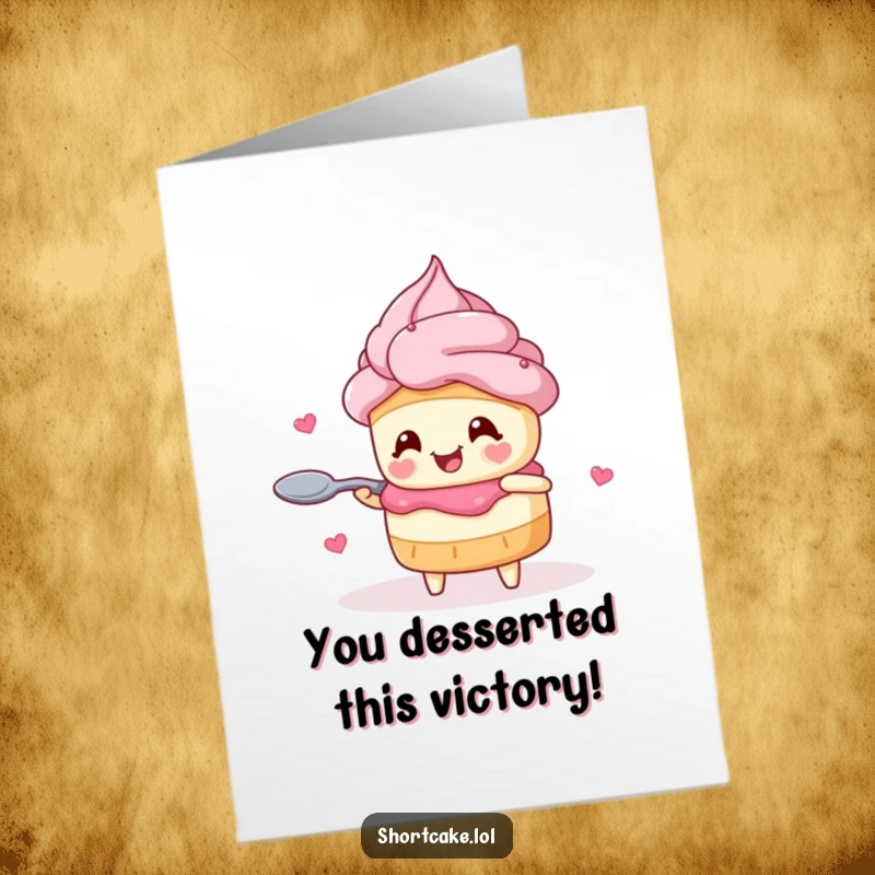 Funny Free Printable Congratulations Card: A happy shortcake with heart eyes twirls with a spoon to celebrate success.