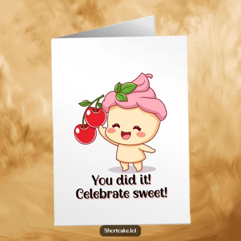 Funny Free Printable Congratulations Card showing a happy shortcake character eagerly anticipating a delicious cherry on top.