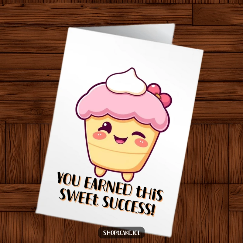 Funny Free Printable Congratulations Card: a shortcake winks playfully, a dollop of cream looking cheeky.