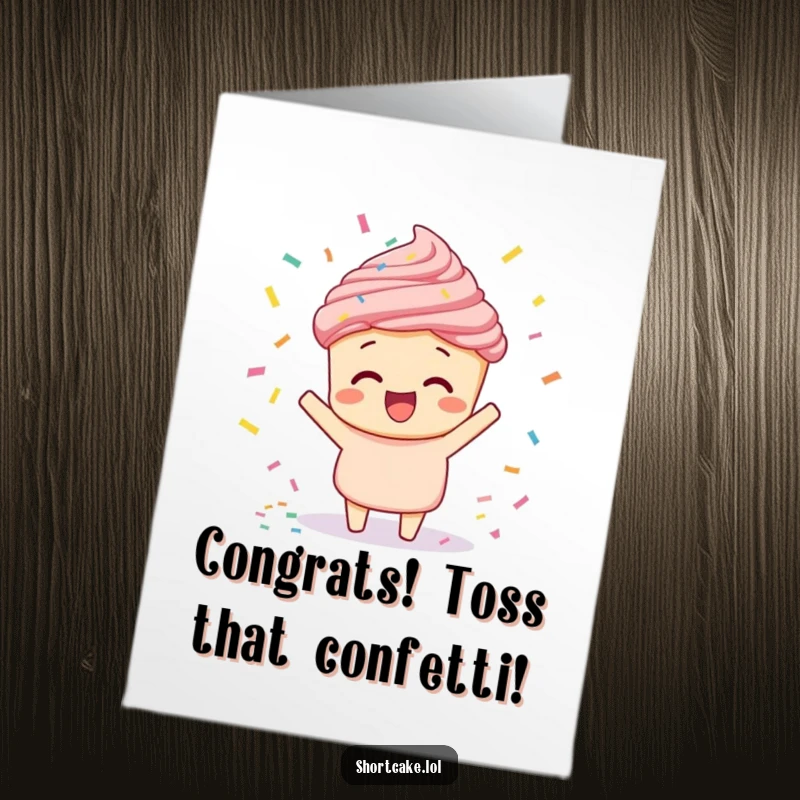 Funny free printable congratulations card featuring a shortcake gleefully performing a confetti toss.