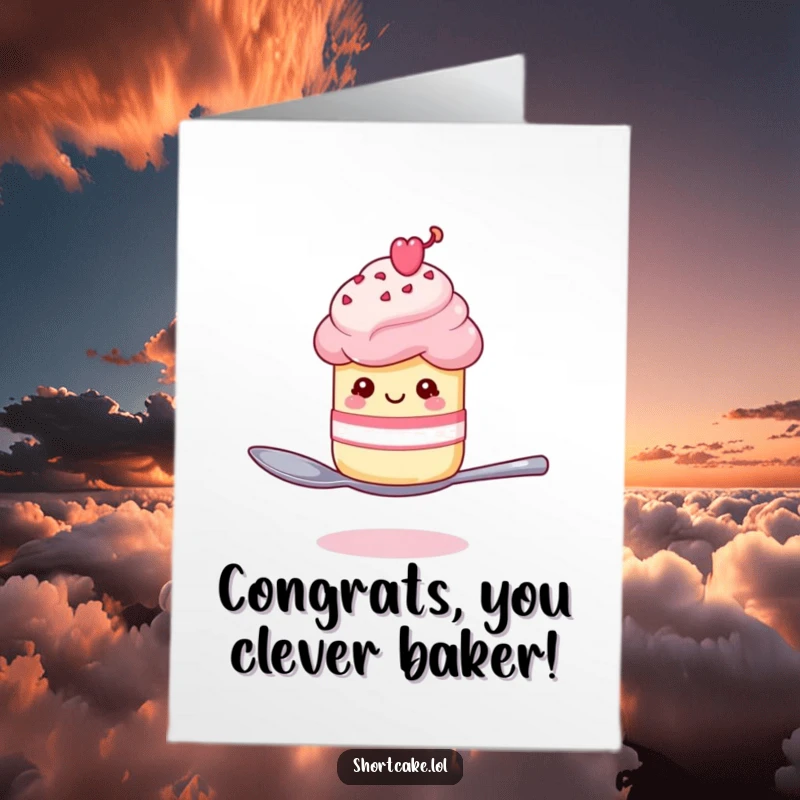 Funny free printable congratulations card of a shortcake winking playfully while expertly balancing on a spoon.