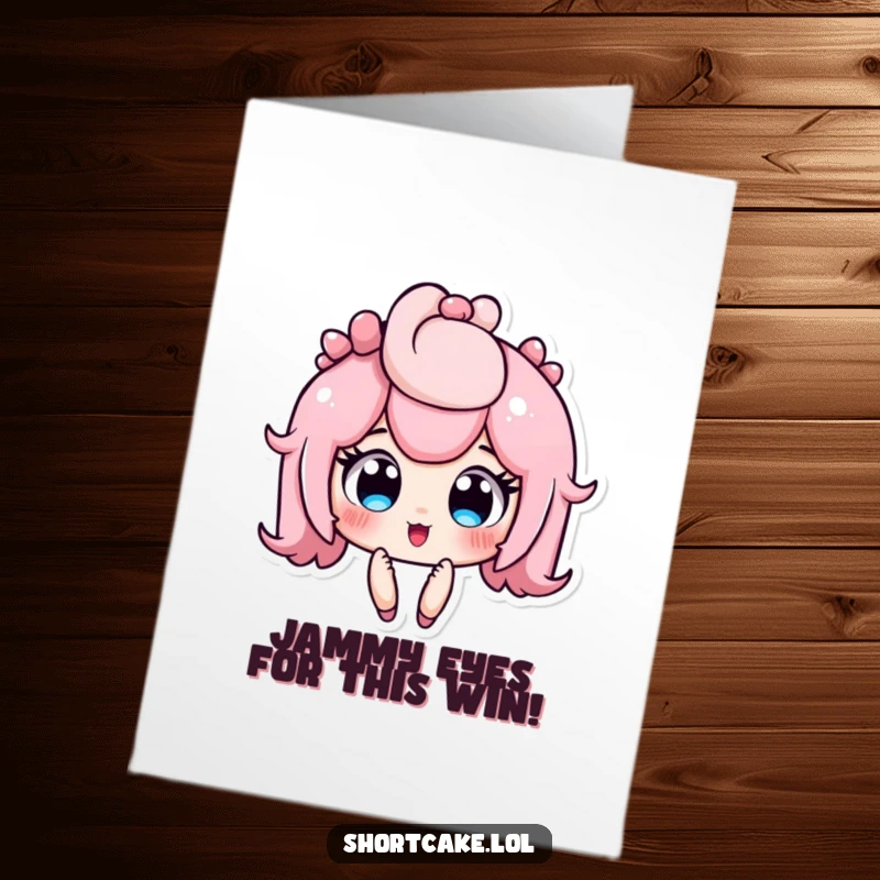 Funny Free Printable Congratulations Card with a shortcake character looking incredibly surprised, eyes wide and jammy.